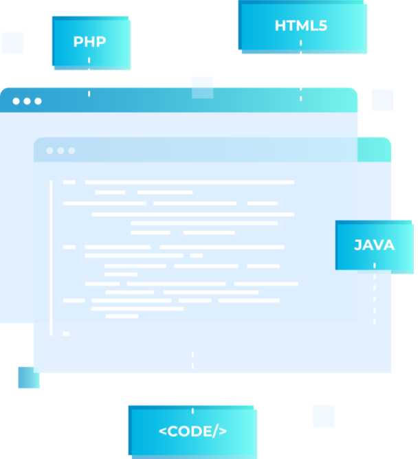 Illustration of technical web and mobile code, highlighting sections written in PHP, Java and HTML5.